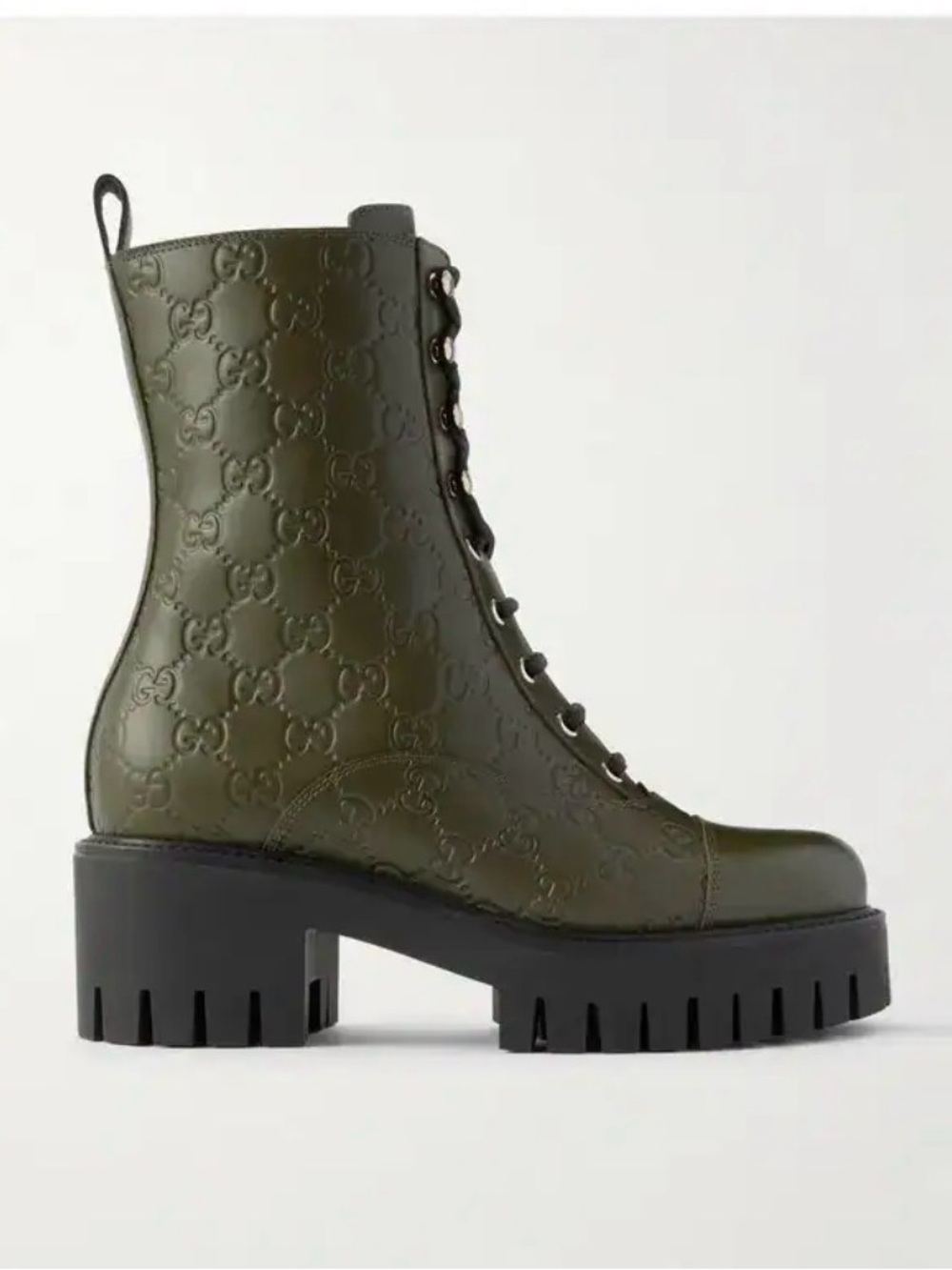 Gucci Olive Green GG-Embossed Leather Lace-Up Combat Boots 38.5